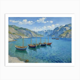 Sailing Through Nature's Majesty Boats In The Fjord Art Print