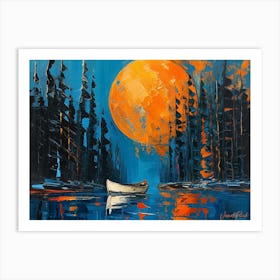 A Small White Boat Under The Golden Moon Art Print