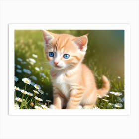 An Adorable Ginger Kitten With Bright Blue Eyes Sits In A Field Of White Daisies, Illuminated By Sunlight Art Print