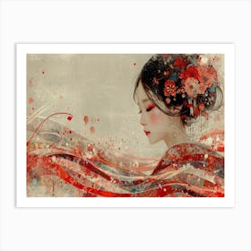 Geisha Grace: Elegance in Burgundy and Grey. Asian Woman 1 Art Print