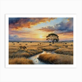 Golden Plains, Untamed Beauty Lions At Sunset Art Print