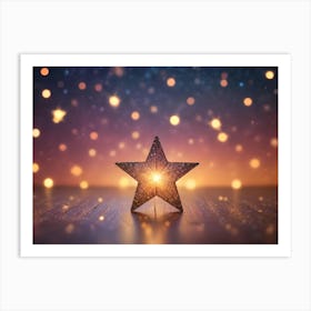 A Golden Star On A Wooden Surface With A Blurred Background Of Colorful Bokeh Lights Art Print