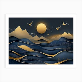 3d Modern Dark Blue and Golden Wave Background Mountains, Golden Deer and Birds Art Print