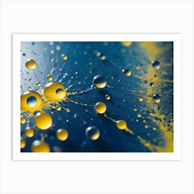 A Macro Photograph Of Yellow And Clear Water Droplets On A Dark Blue Surface, Creating A Dynamic And Artistic Pattern Art Print