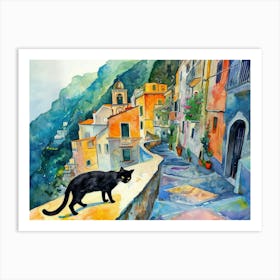 Amalfi, Italy   Black Cat In Street Art Watercolour Painting 2 Art Print