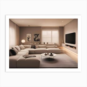 Modern Living Room Interior With A Large Sofa, A Coffee Table, A Fireplace, And Ambient Lighting Art Print