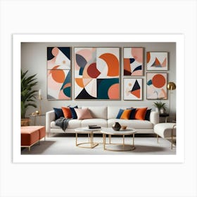 A Modern Living Room Interior With A White Sofa, Two Orange Armchairs, Gold Coffee Tables, And A Gallery Wall Of Abstract Artwork Featuring Circles, Triangles, And Squares In Various Colors Art Print