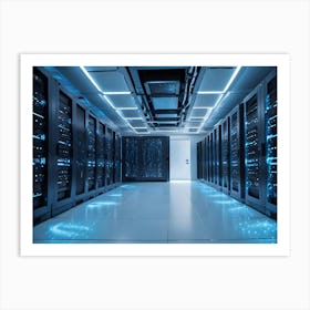 A Server Room With Black Server Racks And A White Floor Art Print