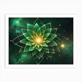 Abstract Image Of A Green Flower With A Golden Center, Surrounded By A Cosmic Background Of Stars And Nebulae Art Print