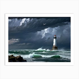 Lighthouse In Stormy Sea Art Print