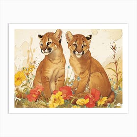 Floral Animal Illustration Cougar 1 Art Print