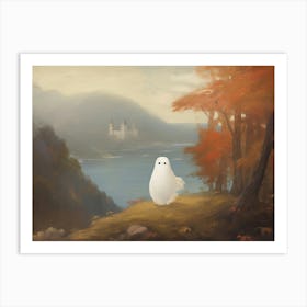 Cute Flying Ghost Autumn Fall Castle Landscape, Halloween Spooky Art Print