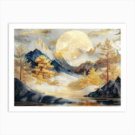 3d Art Landscape Moon, Golden Christmas Trees, Colorful Mountains Art Print