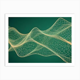 An Abstract Image Of A Flowing, Yellow, Grid Like Structure On A Dark Green Background Art Print