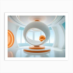 A Minimalist White Room With An Orange And White Spherical Chair Art Print