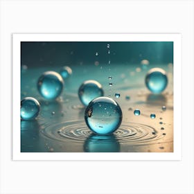 A Close Up Photograph Of Blue Water Droplets Suspended In The Air, Creating A Sense Of Lightness And Movement Art Print