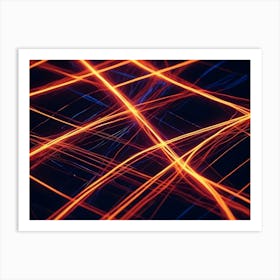 Abstract Image With Thin, Glowing Orange Lines Forming A Grid Pattern Over A Dark, Blue Background Art Print