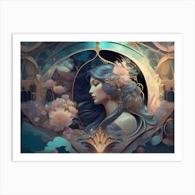 Woman With Blue Hair And Flowers Art Print