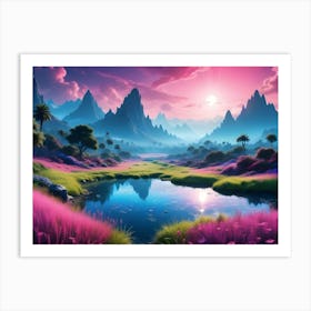 Breathtaking Fantasy Landscape With Majestic Mountains, A Serene Lake, And Vibrant Pink And Purple Flowers Art Print