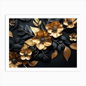 Gold Flowers On Black Background Art Print