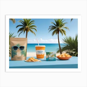 A Beach Scene With A Blue Table, A Bowl Of Chips, A Cup Of Soda, A Bag Of Chips, And A Tropical Background Art Print