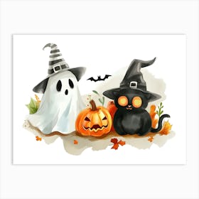 Halloween Cat And Ghost Art Print