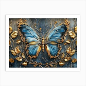 Blue Butterfly With Gold Leaves Art Print