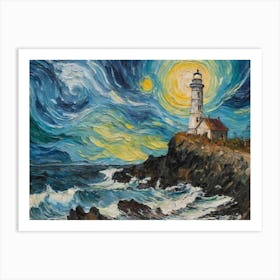 Painting Of Lighthouse On Top Of A Cliff By The Ocean Art Print