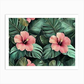 Tropical Seamless Pattern With Hibiscus Flowers, Beautiful Palm, Banana Leaves 1 Art Print