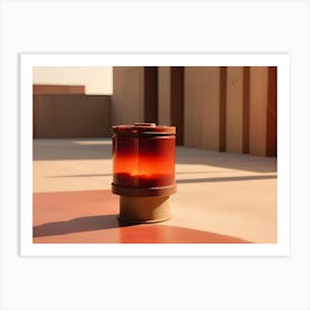 A Brown Cylindrical Container With A Translucent, Red Orange Liquid Inside, Sitting On A Wooden Stand In A Minimalist Setting With Beige And Brown Tones Art Print