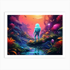 Psychedelic jungle astronaut standing on the edge of a neon-lit swampy forest Art Print