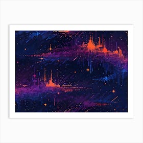 Seamless Pattern Of Abstract Cityscapes And Stars, With A Pixelated, Retro Futuristic Aesthetic Art Print