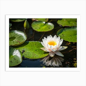 Closeup Of A Round White Water Lily Bloom Floating On A Sunny Summer Pond Vibrant Green Leaves And Art Print