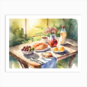 Lunch On A Table In The Sunlight Watercolour Art Print