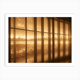 A Wall Of Windows Displaying A City Skyline At Sunset Art Print