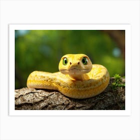 Yellow Baby Snake With A Surprised Expression Vivid Green Eyes Pooled Atop A Gnarled Tree Branch Art Print