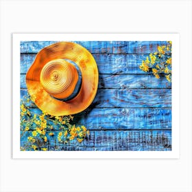 Yellow Hat On Blue Wooden Background Art Print