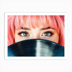 Girl With Pink Hair holding record Art Print