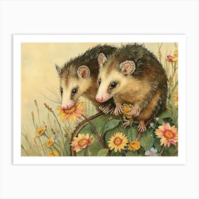 Floral Animal Illustration Opossum 2 Art Print