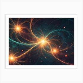 Three Glowing Stars Connected By Flowing, Ethereal Lines Of Light Against A Dark, Cosmic Background Art Print