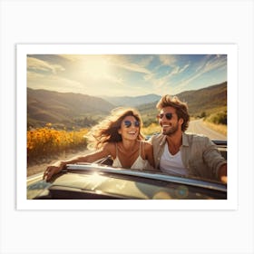 Couple Joyfully Reveling In The Warmth Waving Freely In A Sunny Open Top Convertible Hair Intimate 2 Art Print