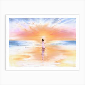 Woman On The Beach At Sunset Art Print