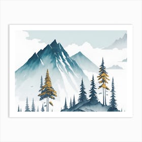 Mountain And Forest In Minimalist Watercolor Horizontal Composition 14 Art Print