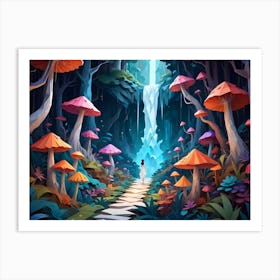 Woman Walking Through A Mystical Forest With Glowing Mushrooms And A Waterfall 5 Art Print