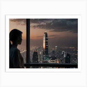 Woman Looking Out Window At Night Art Print