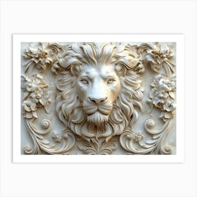 3d Relief Lion Art With Intricate Details And Elegant Design In Off White Color Art Print