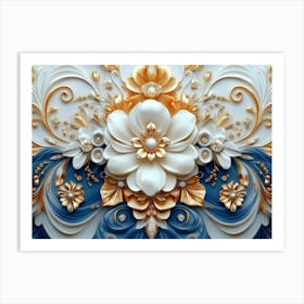 Intricate 3d Artwork Illustration with a White and Blue Backdrop, Embellished with Gold Jewelry 1 Art Print