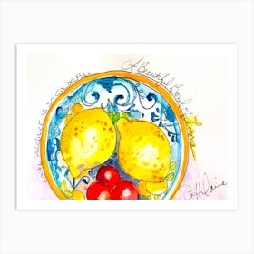Pen And Ink With Watercolor Fruits In Ceramic Art Print