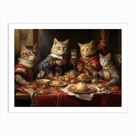 Regal Blue & Red Cats At A Medieval Banquet Art Print