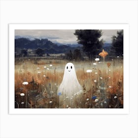 Happy Bedsheet Ghost In Flower Landscape Vintage Style, Halloween Spooky Art Print